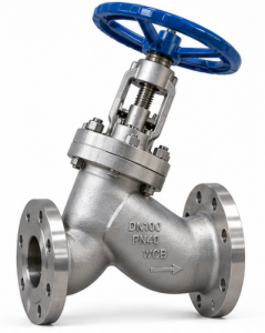 Y-pattern globe valve for steam and high-flow applications