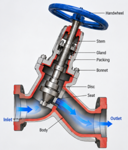 Y-pattern globe valve cross-section and streamlined flow path