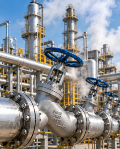Y-pattern globe valve installed in industrial steam pipeline
