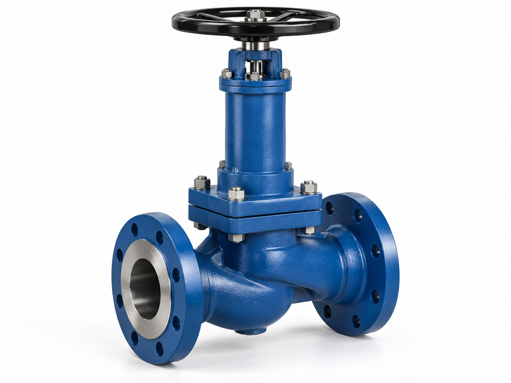 Industrial bellows-sealed globe valve on a white background