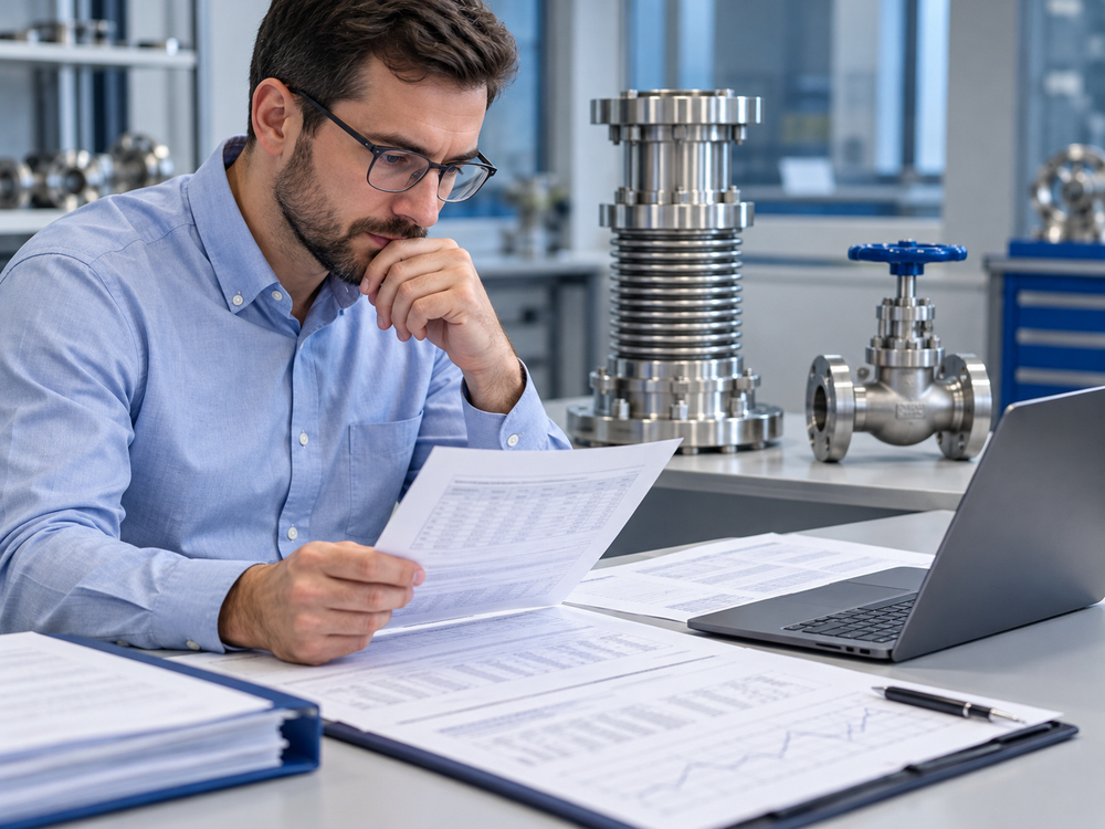 Engineer reviewing valve supplier test reports and specimen records