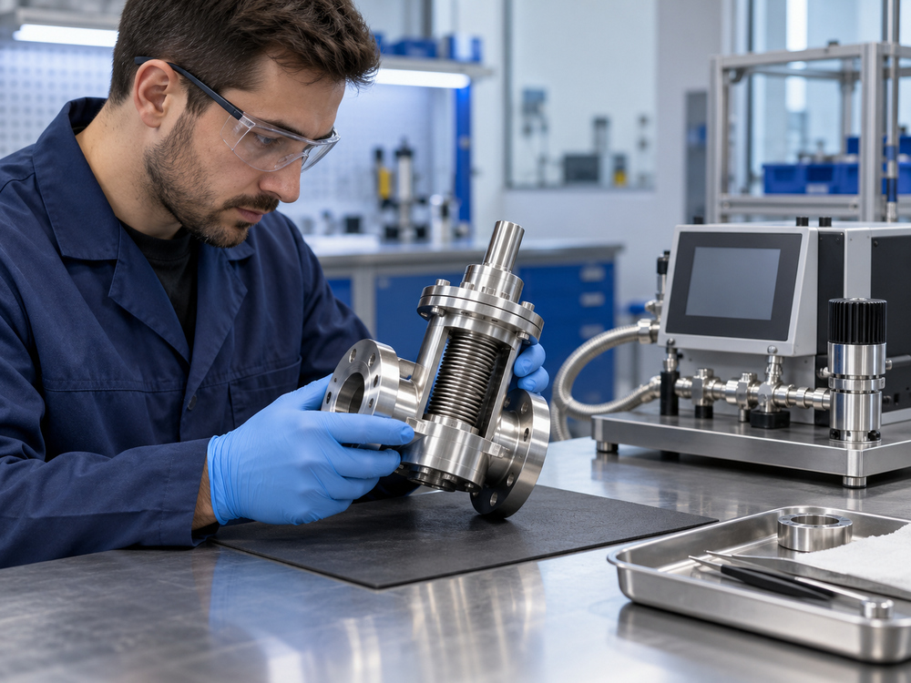 Technician inspecting a bellows assembly beside leak-test equipment