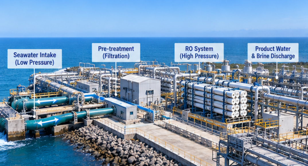 Seawater desalination plant showing large low-pressure intake pipes and separate high-pressure RO membrane train