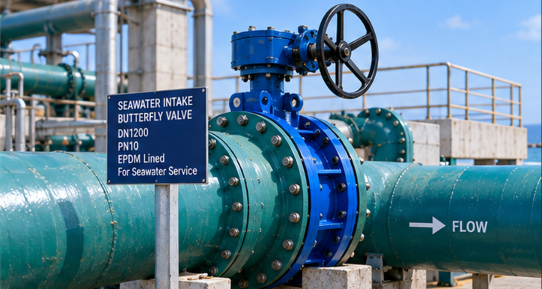 Large double-flanged resilient seated butterfly valve installed on low pressure seawater intake line