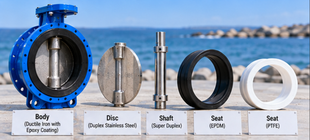 Inspection of seawater butterfly valve disc shaft seat and lining materials beside engineering datasheet