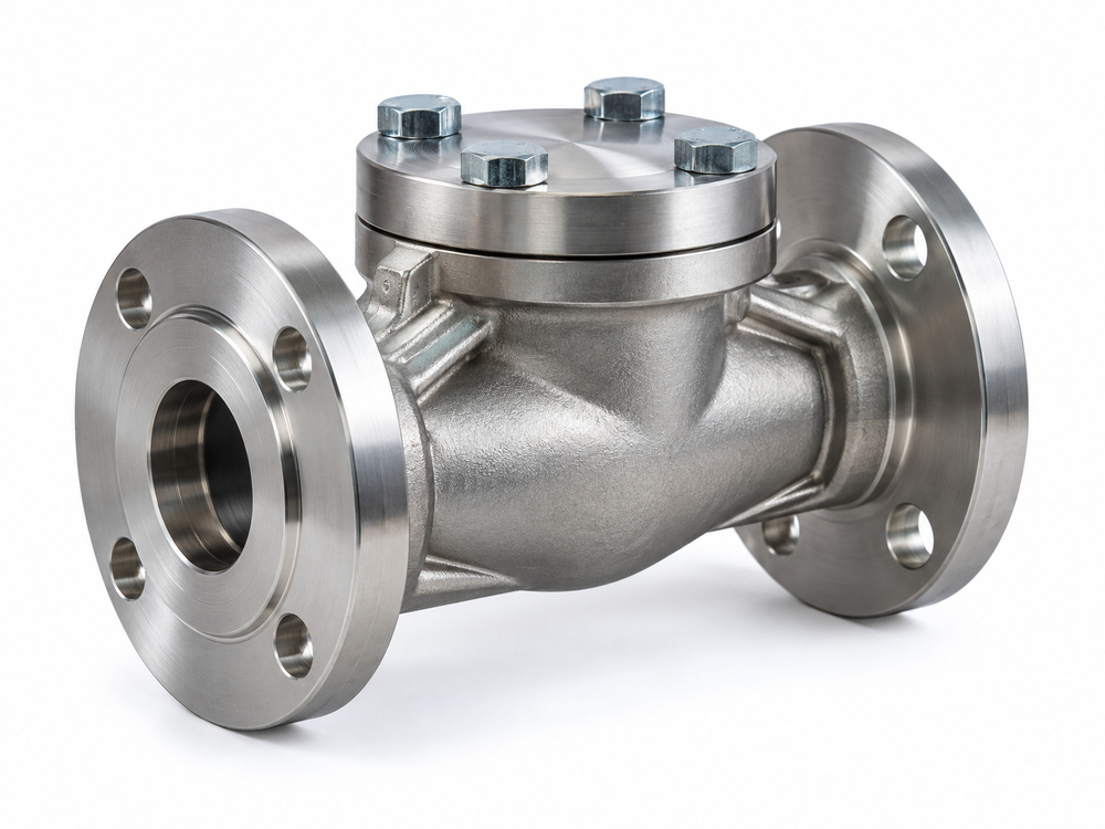 Stainless steel flanged check valve on a white background