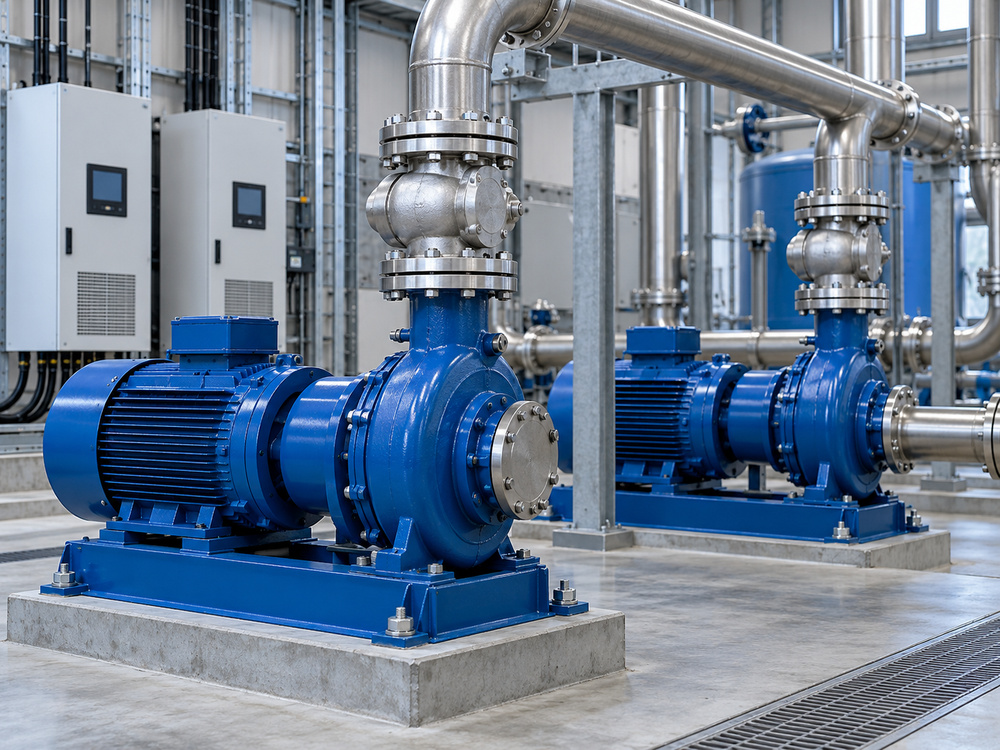 Two centrifugal pumps and discharge piping in a clean industrial pump room