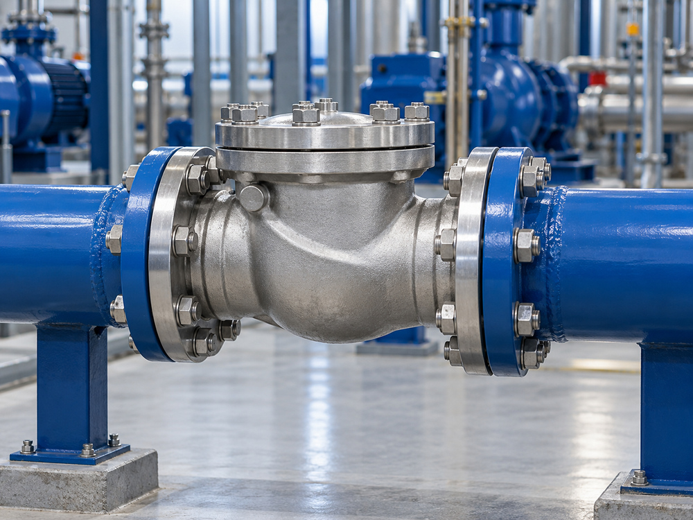 Flanged check valve in a horizontal pump discharge pipe
