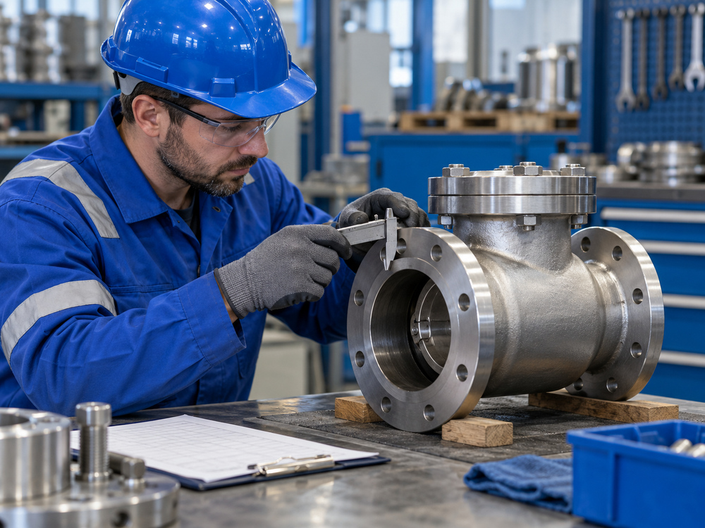 Inspector measuring a flanged check valve on a workshop bench