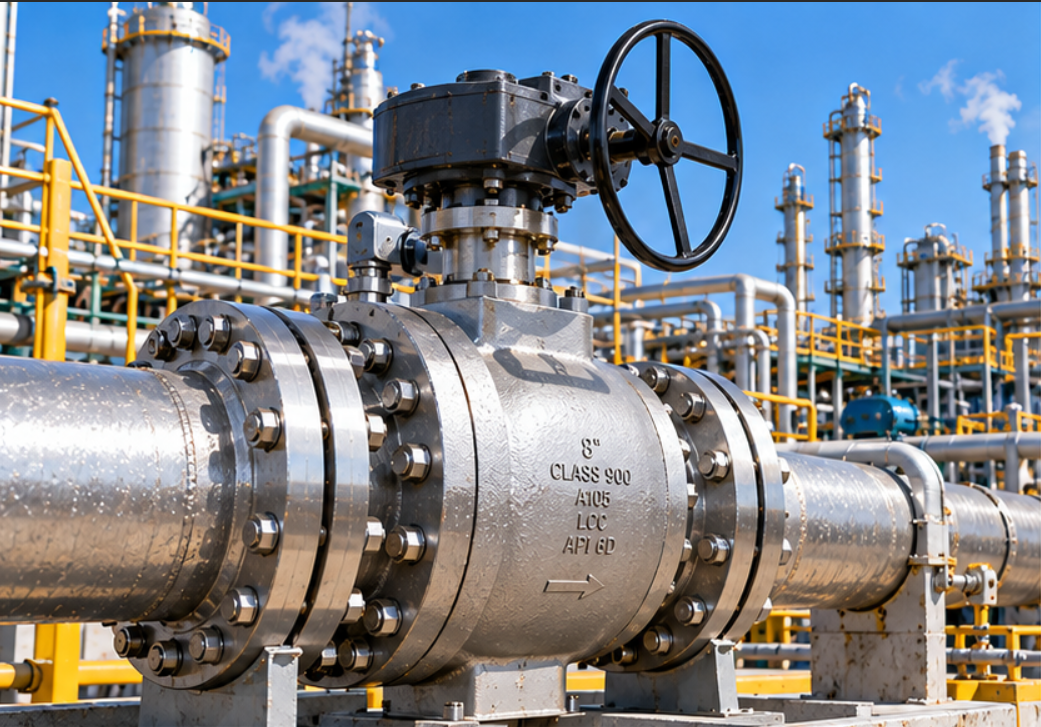 Class 900 trunnion mounted ball valve on an oil and gas pipeline