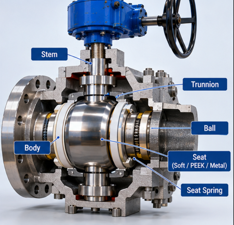 Trunnion ball valve cutaway showing ball stem seats springs and cavity relief