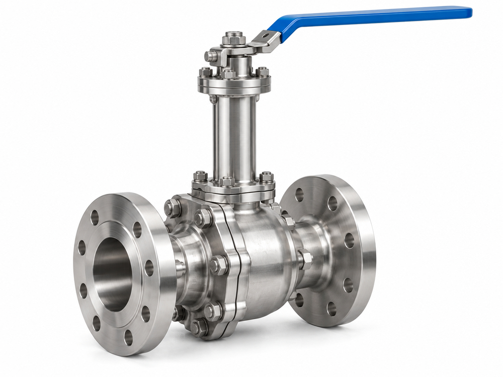 Stainless steel cryogenic ball valve with extended bonnet on a white background