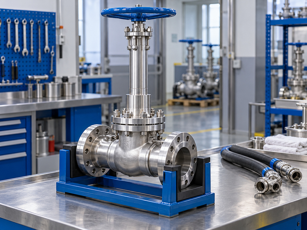 Extended-bonnet cryogenic valve supported on a clean inspection bench