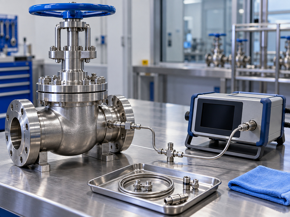 Moisture measurement instrument beside a stainless steel cryogenic valve