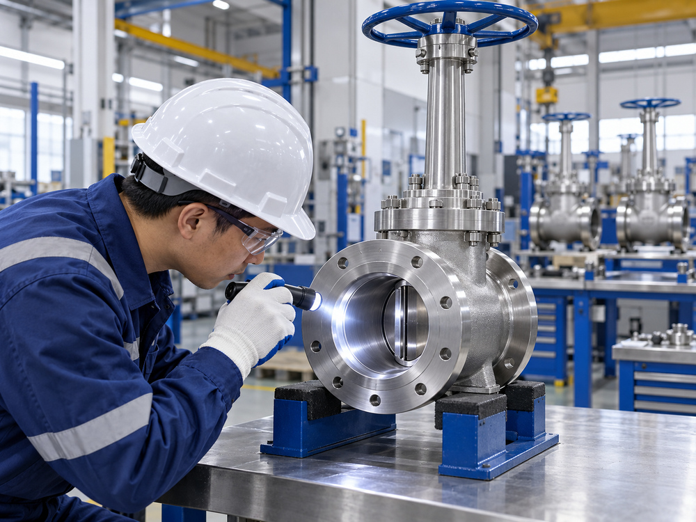 Quality inspector examining the interior of a cryogenic valve with a flashlight