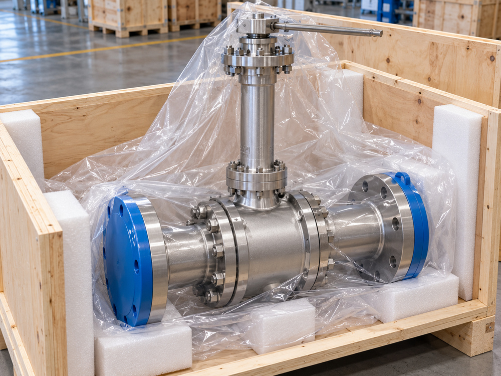 Cryogenic ball valve with protected flanged ends in an export packing crate