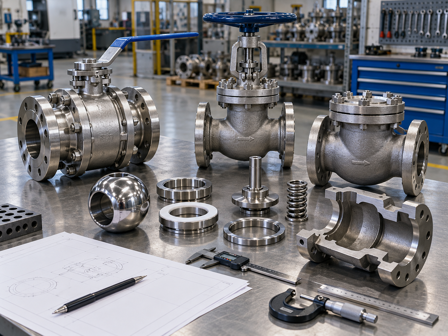 Industrial valve seat packing gasket and trim components prepared for inspection