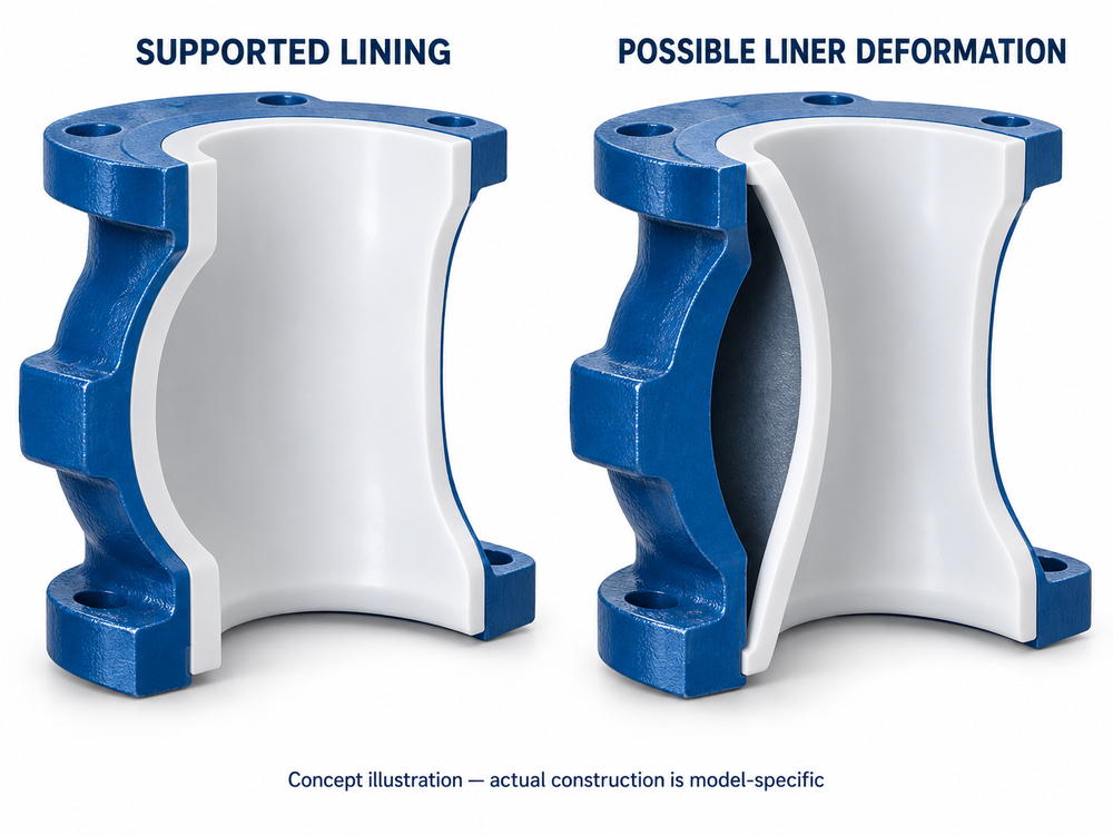 Conceptual cross section showing inward loading on a valve liner during vacuum