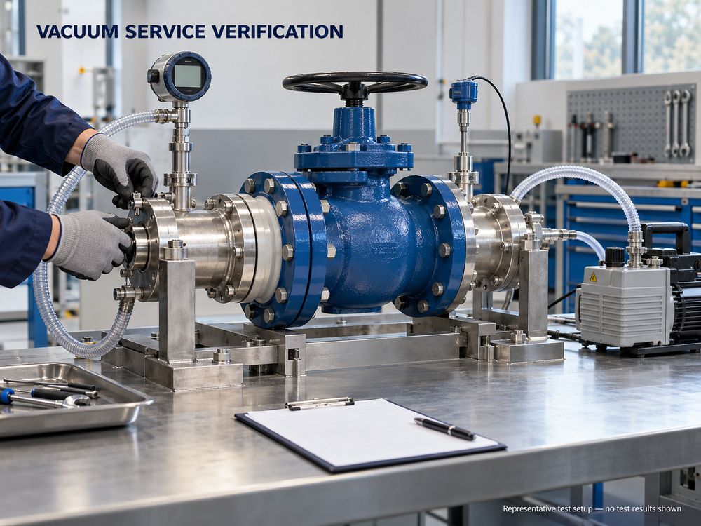 Representative lined valve vacuum test setup with pressure and temperature instruments