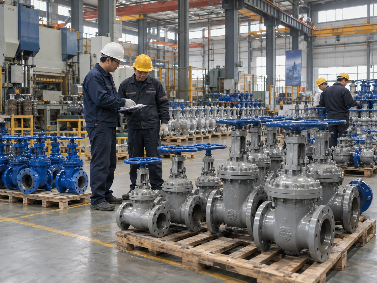 Gate valve manufacturer engineering team reviewing technical drawing for plumbing project