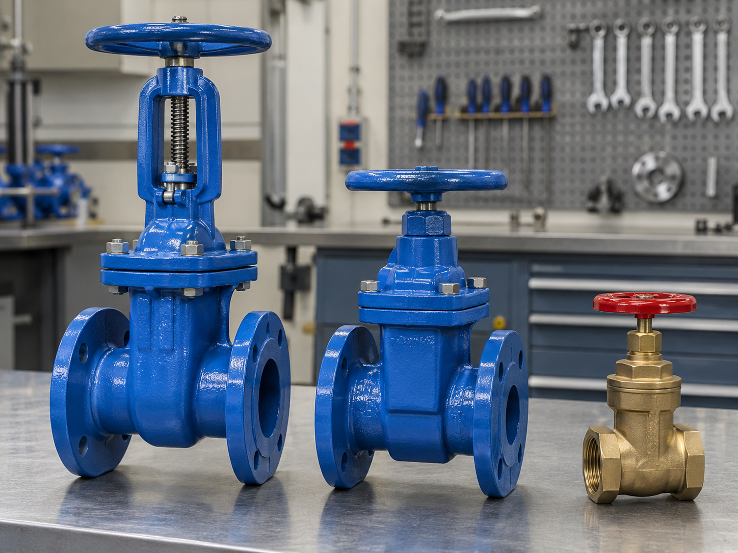 Gate valve components showing body gate stem seat bonnet and handwheel