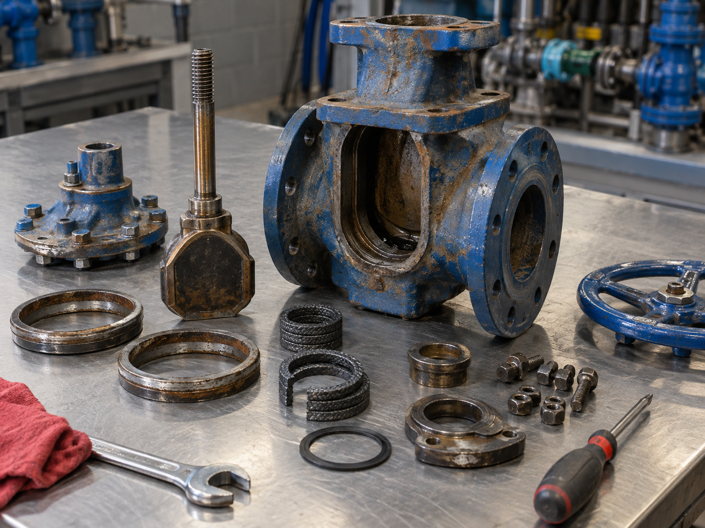 Gate valve maintenance inspection showing seat stem packing and internal components