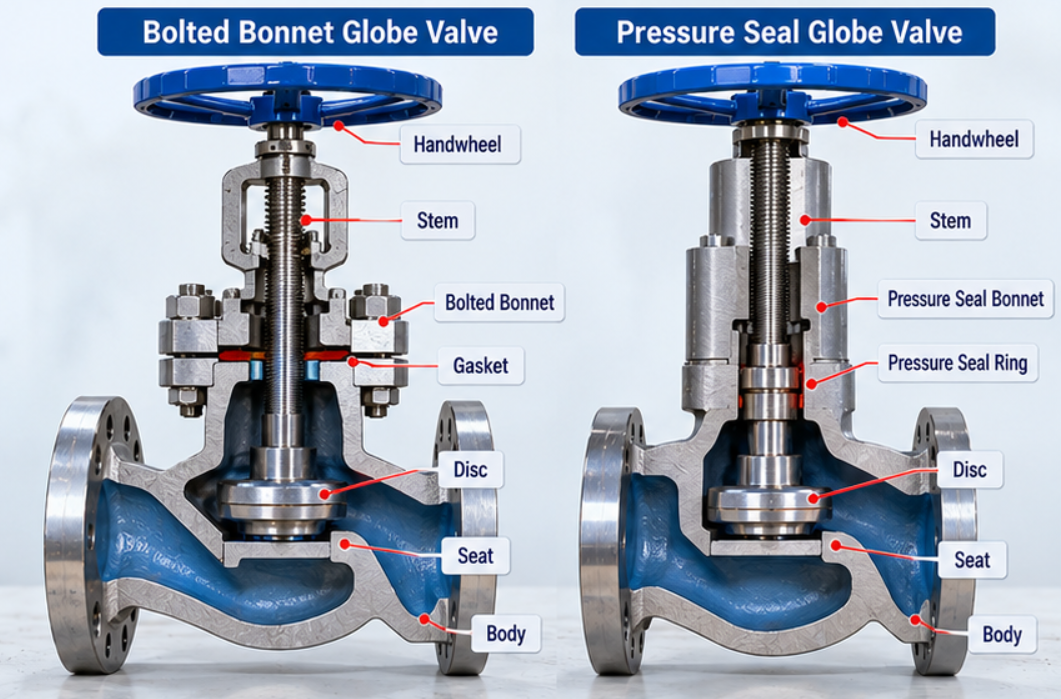 Pressure seal and bolted bonnet globe valve cutaway comparison for steam service