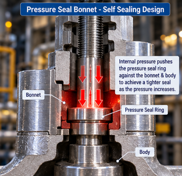 Exploded pressure seal globe valve bonnet components with seal ring and retaining elements