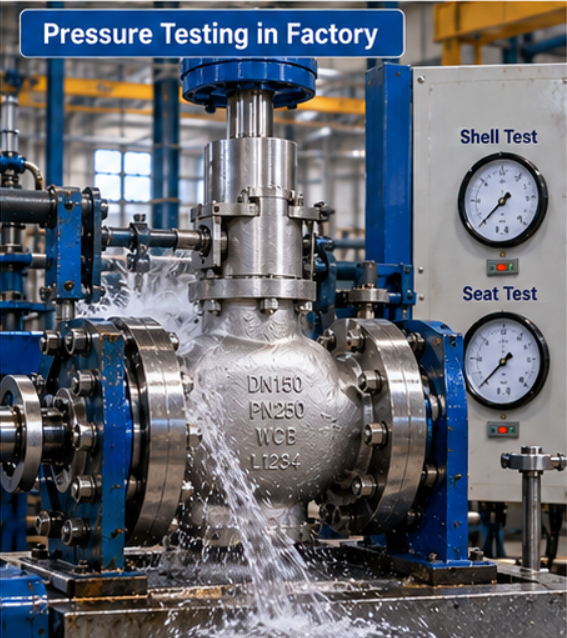 Factory hydrostatic shell test of high pressure globe valve with bonnet joint inspection