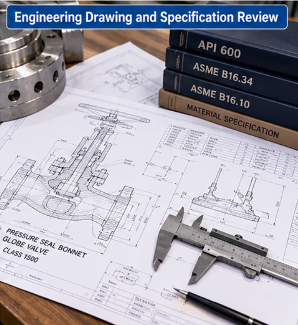 Steam plant engineer reviewing globe valve bonnet sectional drawing and material RFQ