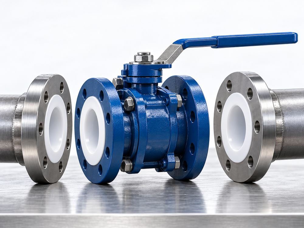 PTFE lined valve with protected white lining and matching pipeline flanges ready for installation