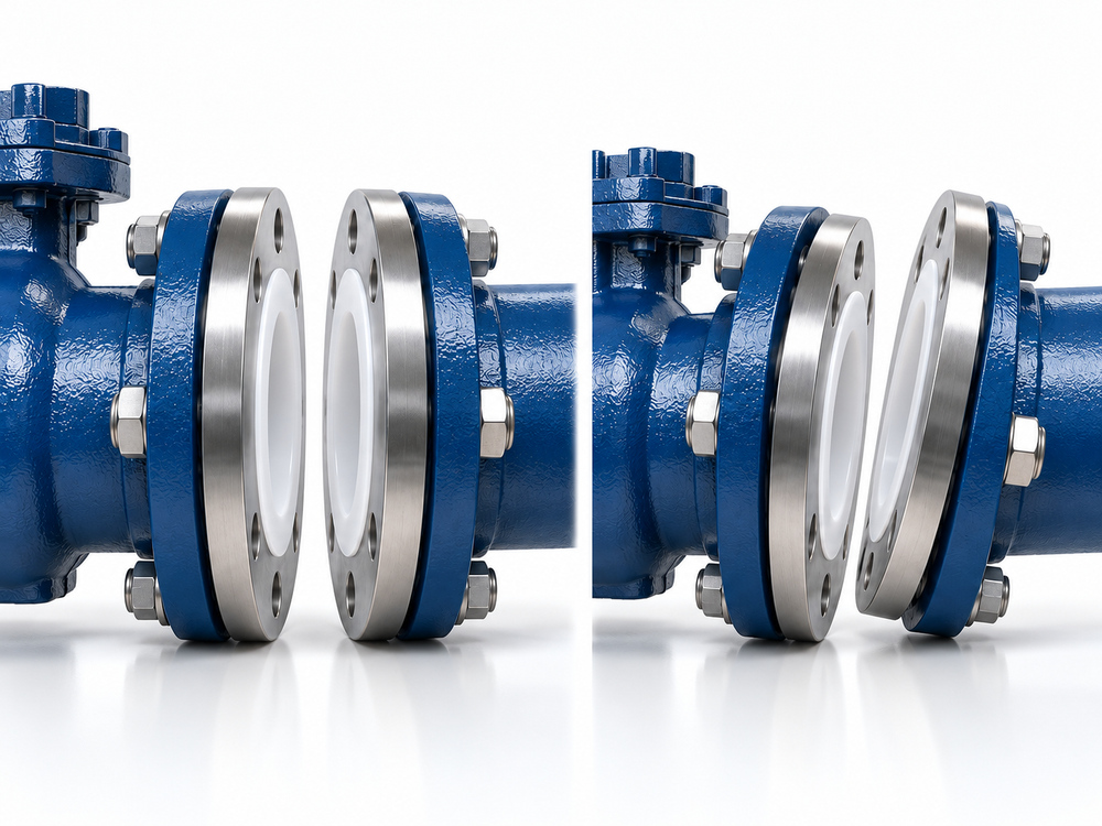 Comparison of aligned parallel flanges and misaligned flanges at a PTFE lined valve connection
