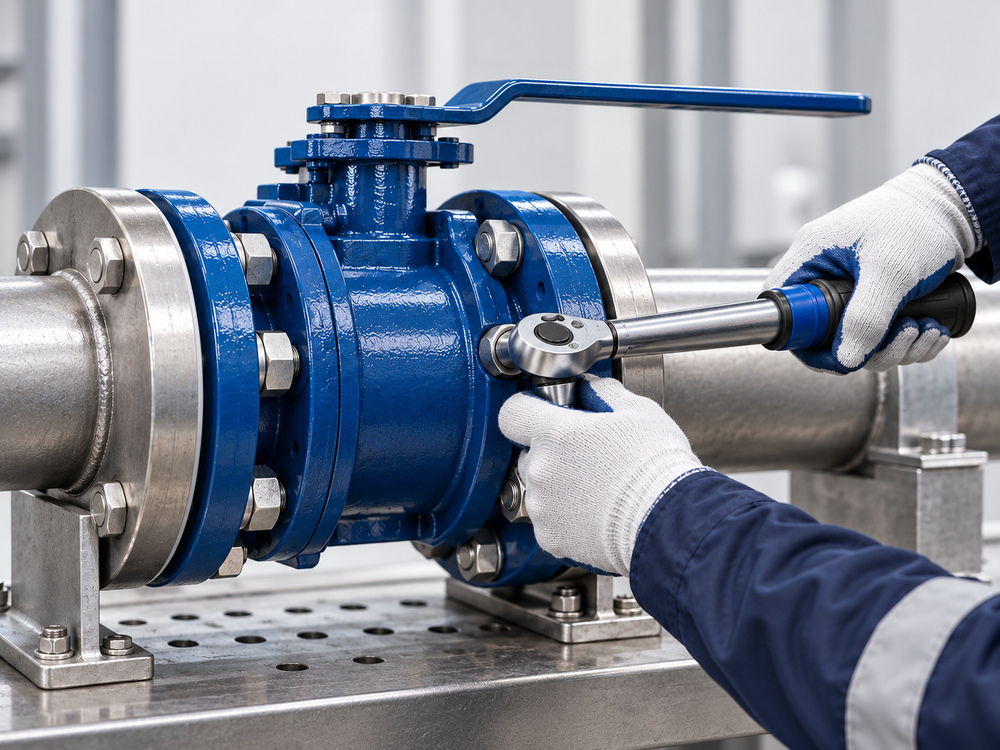 Technician using a calibrated torque wrench on a lined valve flange with an approved tightening record
