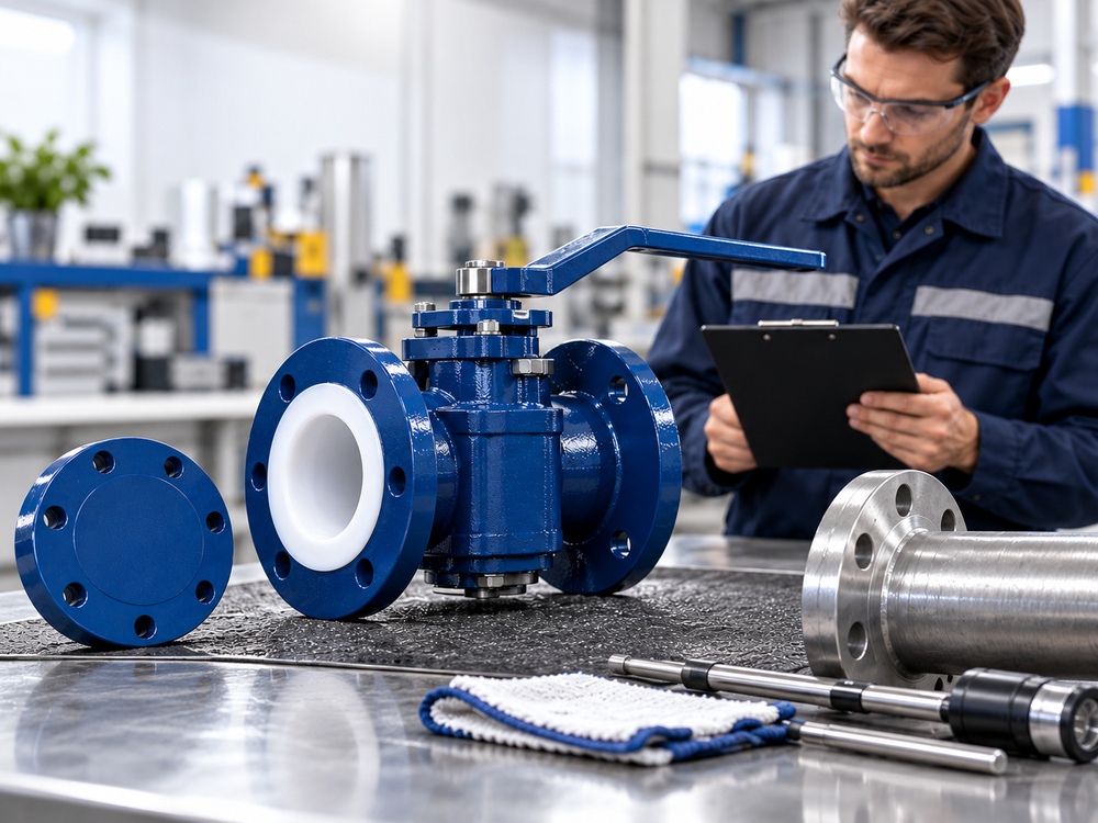Final inspection of a PTFE lined valve installation with flange records and manufacturer instructions
