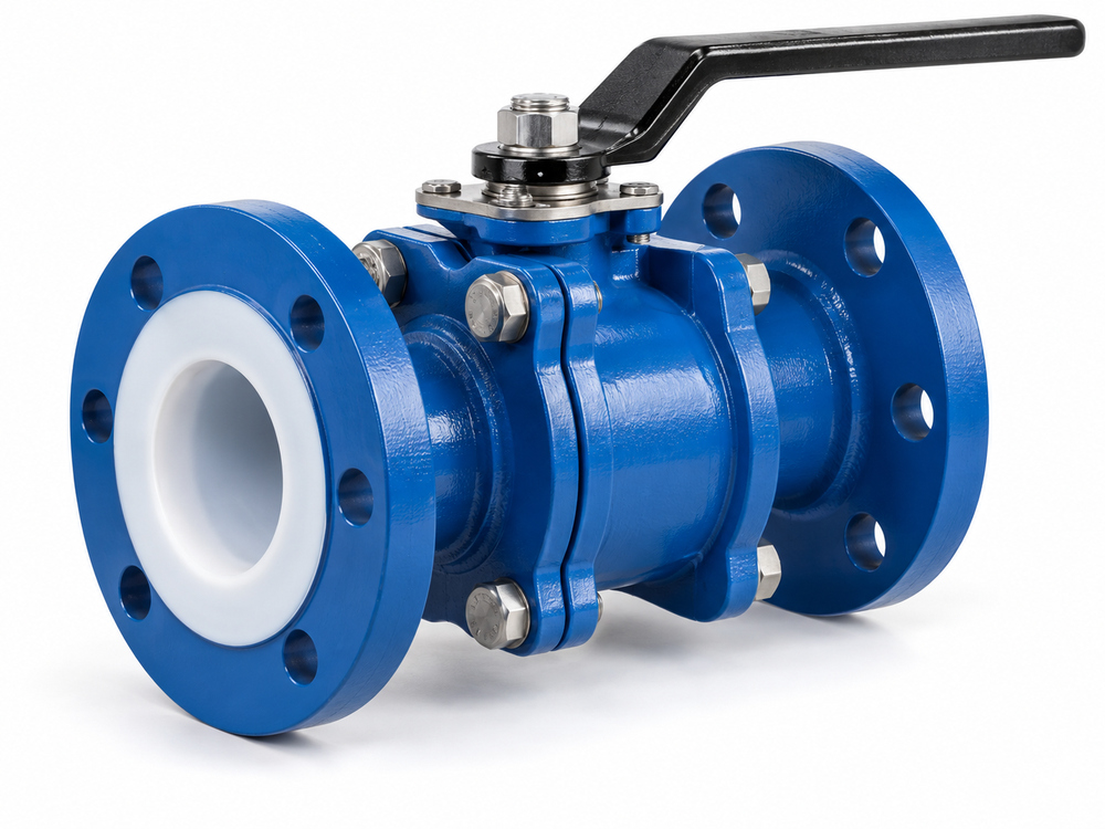 Blue PTFE-lined ball valve with white lined bore on a white background