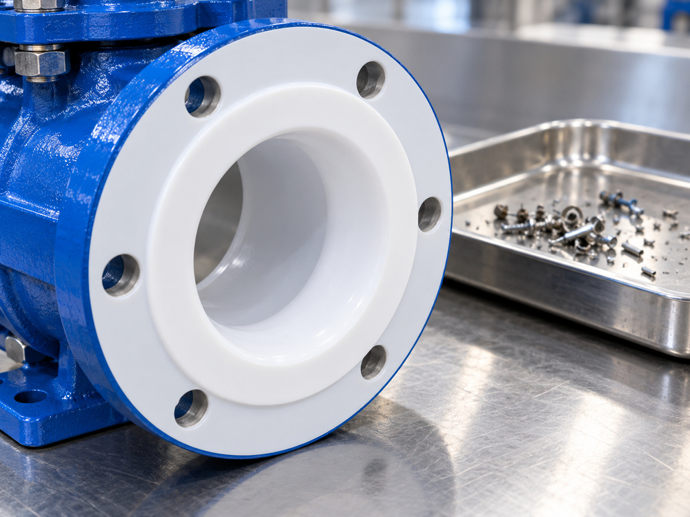Smooth white valve lining with fabrication debris held separately on a tray