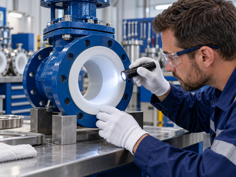 Technician inspecting a disconnected PTFE-lined valve bore with a flashlight