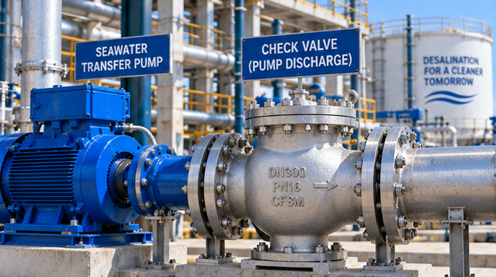 Seawater desalination pump discharge check valve installed between pump and isolation valve