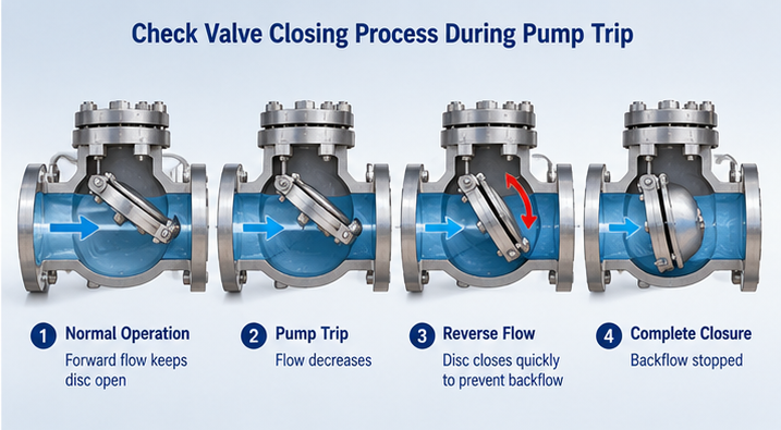 Engineering visualization of forward flow deceleration and check valve closing at a seawater pump discharge