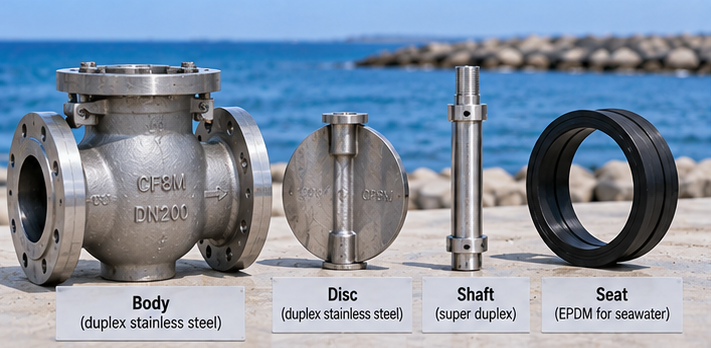 Close-up of rubber lined seawater check valve disc hinge shaft and resilient seat materials