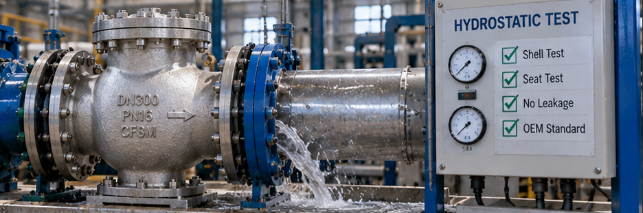 Factory inspection of seawater check valve lining disc movement and hydrostatic seat test