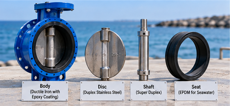 Marine coated ductile iron butterfly valve body with internal lining and flange edge inspection