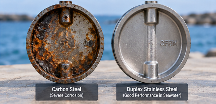 Close-up of seawater butterfly valve disc shaft bearing and crevice corrosion inspection points