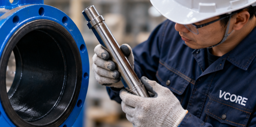 Factory inspector checking marine valve coating thickness and stainless shaft material traceability