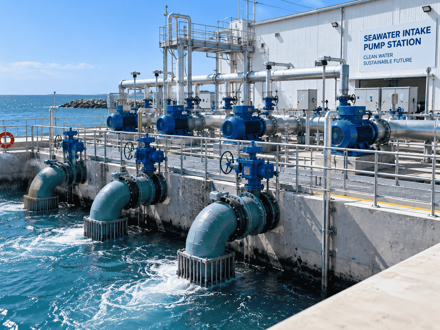 Seawater intake pump station with large flanged isolation valves and parallel pump trains