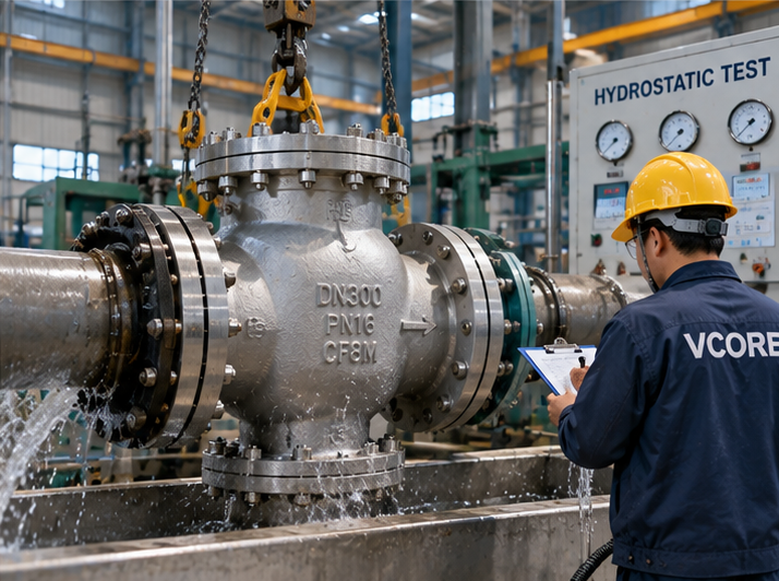 Seawater intake pump station valve factory inspection with GA drawings and hydrostatic test bench