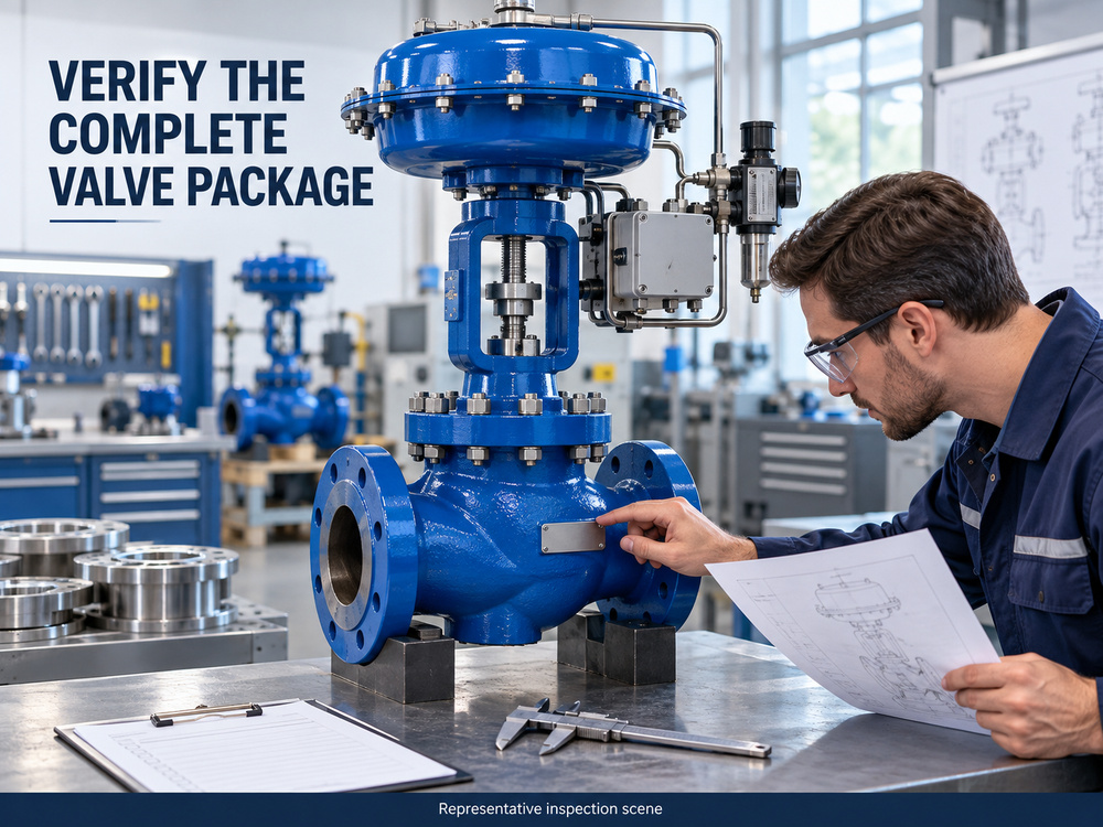 Engineer checking a steam control valve package and procurement documents