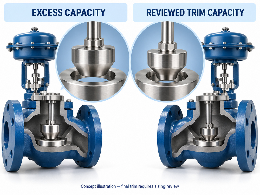 Conceptual comparison of steam control valve trim capacity and regulating travel