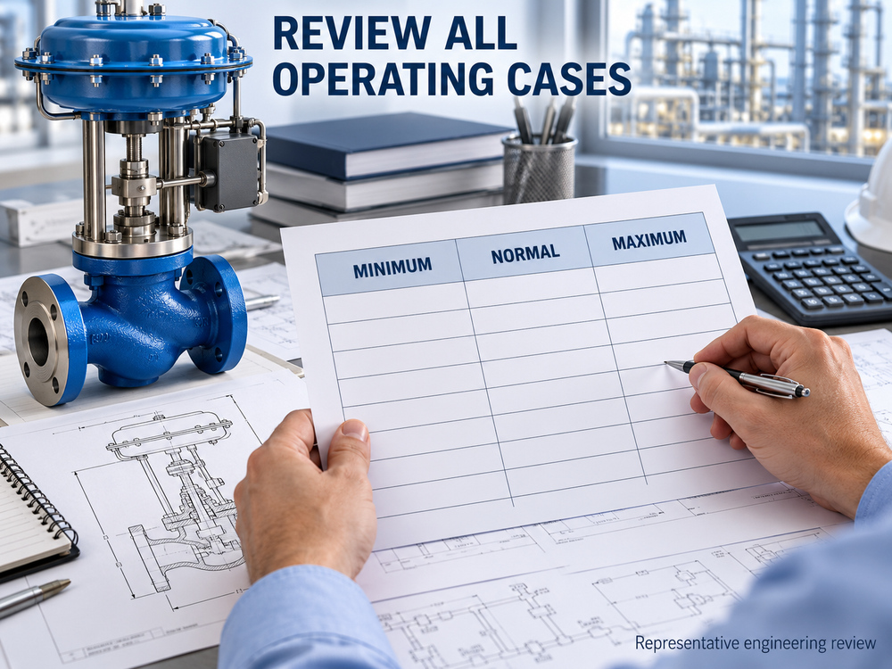 Engineer reviewing minimum normal and maximum steam duty on a sizing datasheet