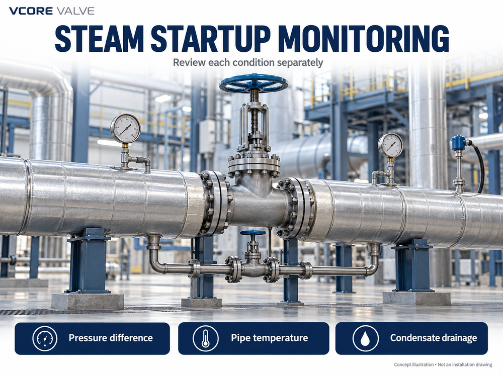 Steam startup review showing upstream and downstream pressure instruments, pipe temperature monitoring and condensate drainage